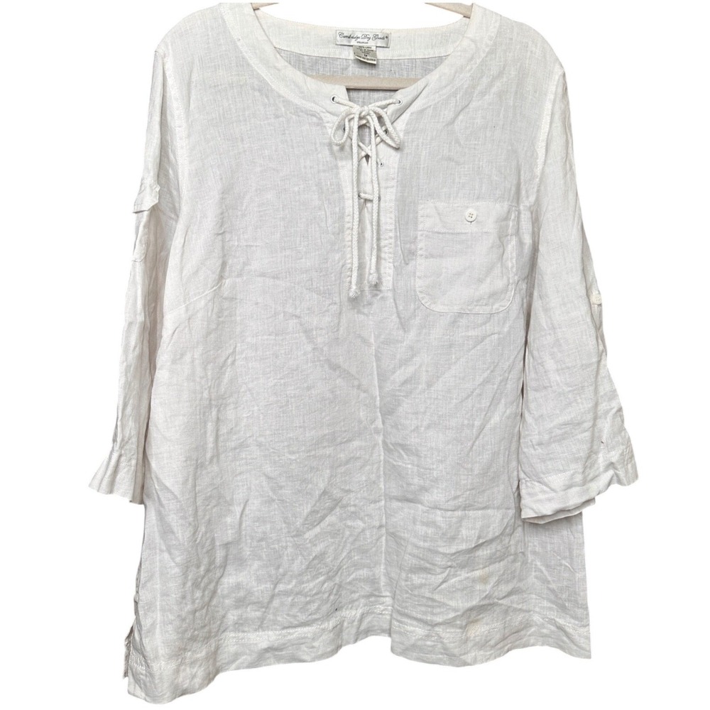 VTG Bohemian Lace Up 100% Linen Tunic Blouse Plus Size Cambridge Woman 1X Summer
